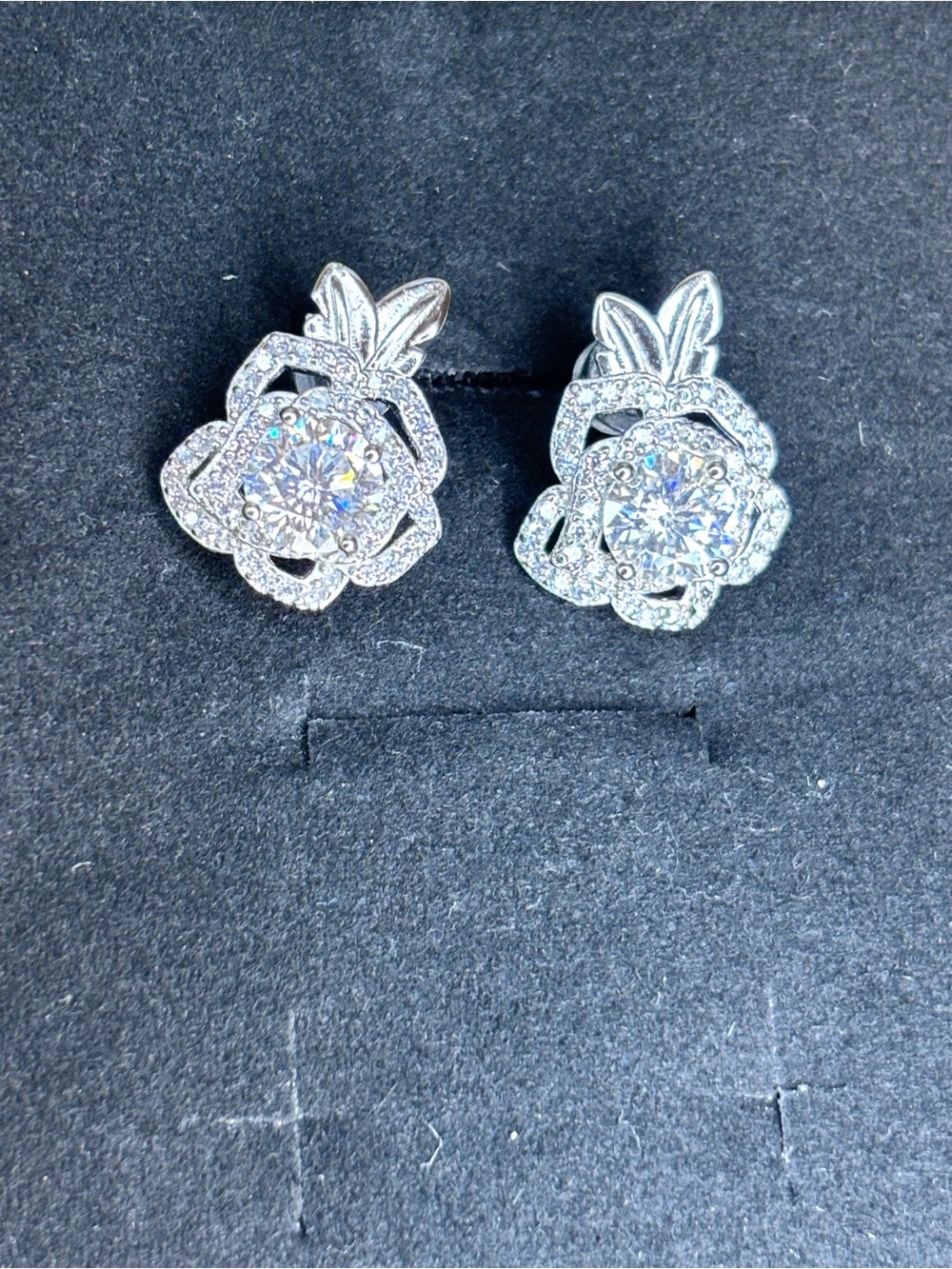 Silver Floral Halo moissanite Stud Earrings - Silver